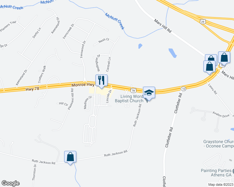 map of restaurants, bars, coffee shops, grocery stores, and more near 2891 Monroe Highway in Watkinsville