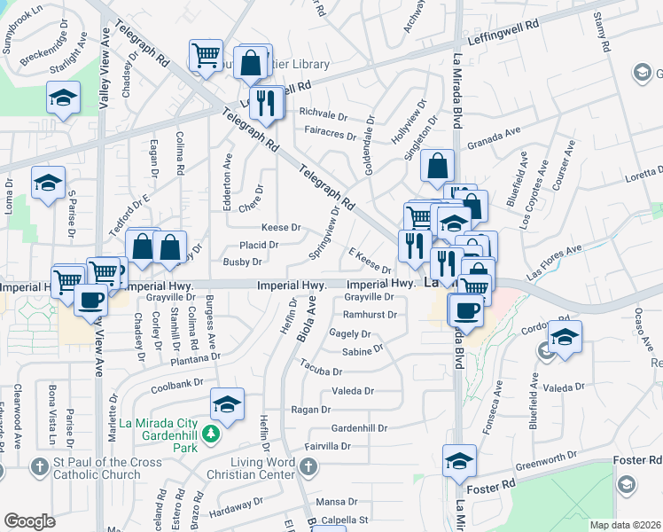 map of restaurants, bars, coffee shops, grocery stores, and more near 14727 Lucinda Drive in Whittier