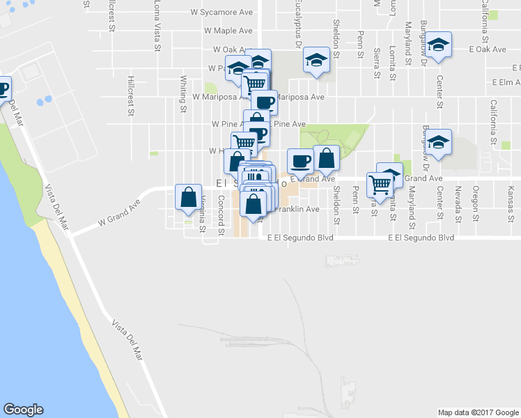 map of restaurants, bars, coffee shops, grocery stores, and more near 201 Main Street in El Segundo