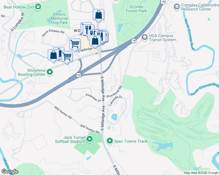 map of restaurants, bars, coffee shops, grocery stores, and more near 2157 South Milledge Avenue in Athens