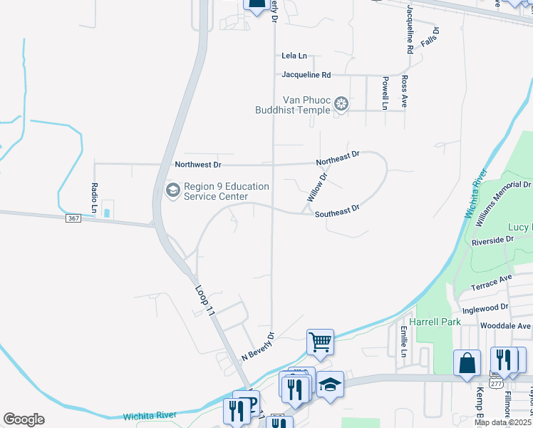 map of restaurants, bars, coffee shops, grocery stores, and more near 3201 Southwest Drive in Wichita Falls