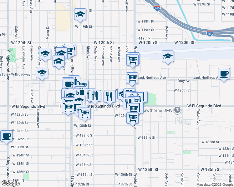 map of restaurants, bars, coffee shops, grocery stores, and more near 12604 Menlo Avenue in Hawthorne
