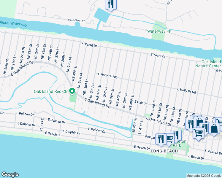 map of restaurants, bars, coffee shops, grocery stores, and more near 121 Northeast 36th Street in Oak Island