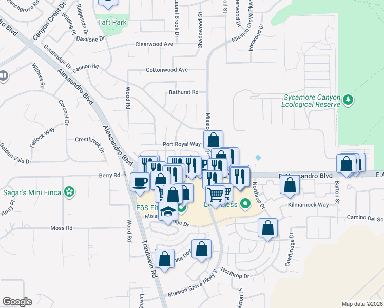 map of restaurants, bars, coffee shops, grocery stores, and more near 200 East Alessandro Boulevard in Riverside