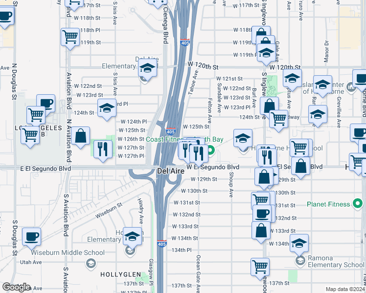 map of restaurants, bars, coffee shops, grocery stores, and more near 12621 Costa Drive in Hawthorne