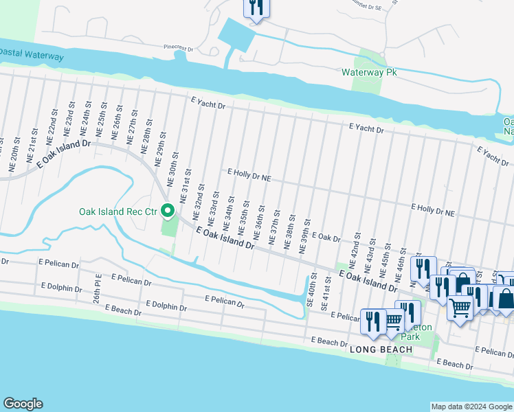 map of restaurants, bars, coffee shops, grocery stores, and more near 121 Northeast 36th Street in Oak Island