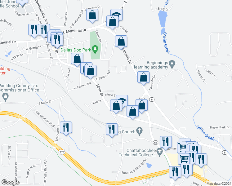 map of restaurants, bars, coffee shops, grocery stores, and more near 116 Glenn Street in Dallas