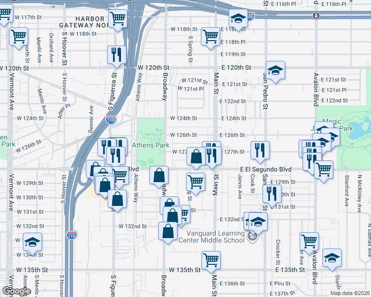 map of restaurants, bars, coffee shops, grocery stores, and more near 211 West 127th Street in Los Angeles