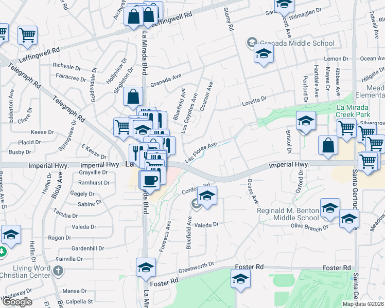 map of restaurants, bars, coffee shops, grocery stores, and more near 15137 Las Flores Avenue in La Mirada