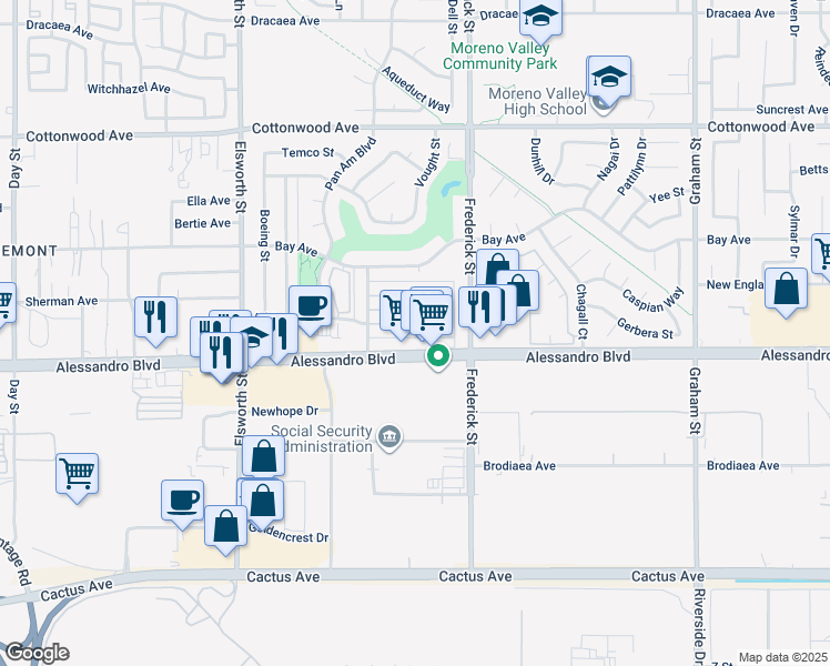 map of restaurants, bars, coffee shops, grocery stores, and more near 22839 Adrienne Avenue in Moreno Valley