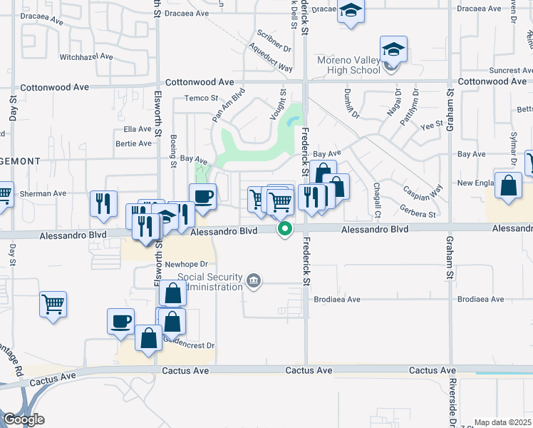 map of restaurants, bars, coffee shops, grocery stores, and more near 22839 Adrienne Avenue in Moreno Valley
