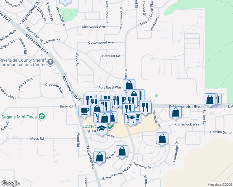 map of restaurants, bars, coffee shops, grocery stores, and more near 200 Alessandro Boulevard in Riverside