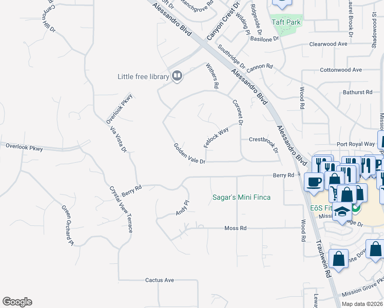 map of restaurants, bars, coffee shops, grocery stores, and more near 7158 Golden Vale Drive in Riverside