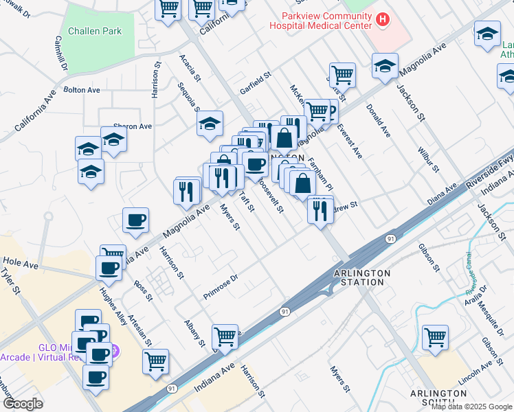 map of restaurants, bars, coffee shops, grocery stores, and more near 3714 Roosevelt Street in Riverside