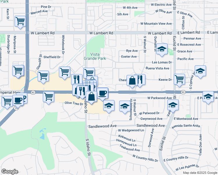 map of restaurants, bars, coffee shops, grocery stores, and more near 917 Del Sur Avenue in La Habra