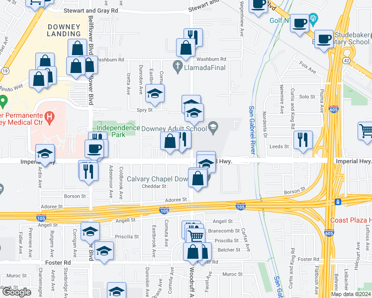 map of restaurants, bars, coffee shops, grocery stores, and more near 12431 Woodruff Avenue in Downey