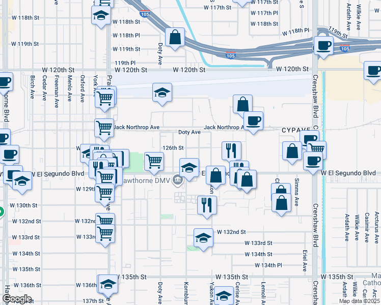 map of restaurants, bars, coffee shops, grocery stores, and more near 12523 Cranbrook Avenue in Hawthorne
