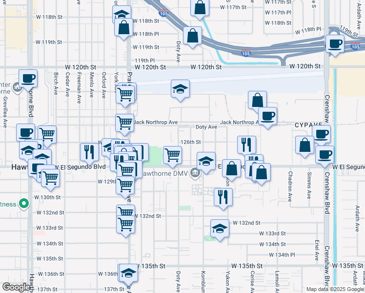 map of restaurants, bars, coffee shops, grocery stores, and more near 12600 Doty Avenue in Hawthorne