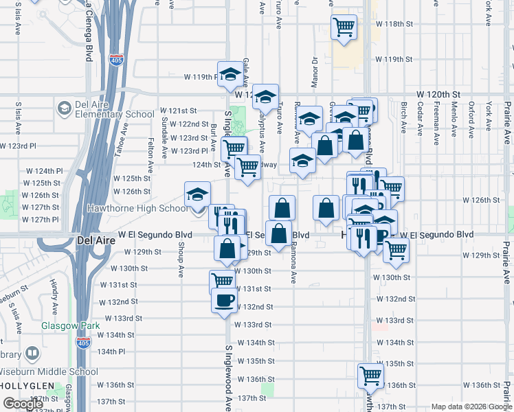 map of restaurants, bars, coffee shops, grocery stores, and more near 12617 Eucalyptus Avenue in Hawthorne