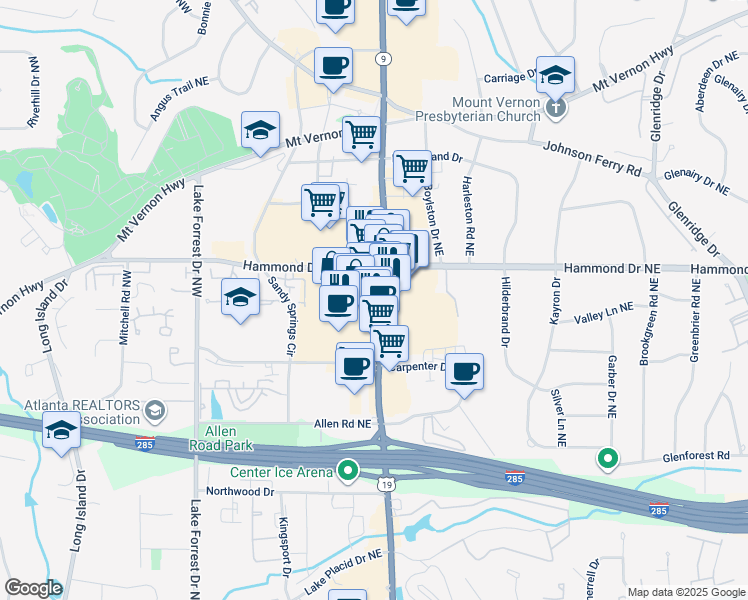 map of restaurants, bars, coffee shops, grocery stores, and more near 5960 Roswell Road in Sandy Springs