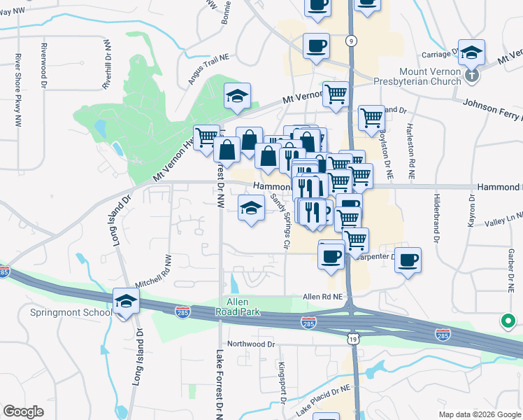 map of restaurants, bars, coffee shops, grocery stores, and more near 142 Reddington Place Northeast in Atlanta