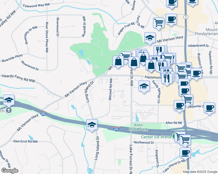 map of restaurants, bars, coffee shops, grocery stores, and more near 201 Belle Lane in Sandy Springs