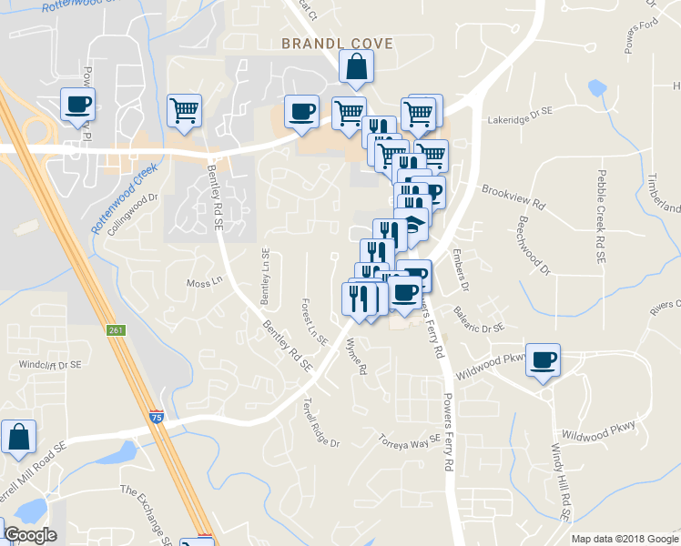 map of restaurants, bars, coffee shops, grocery stores, and more near 1378 Old Virginia Court Southeast in Marietta