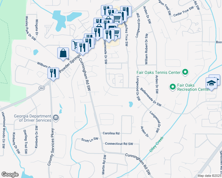map of restaurants, bars, coffee shops, grocery stores, and more near 1339 Old Coach Road Southwest in Marietta