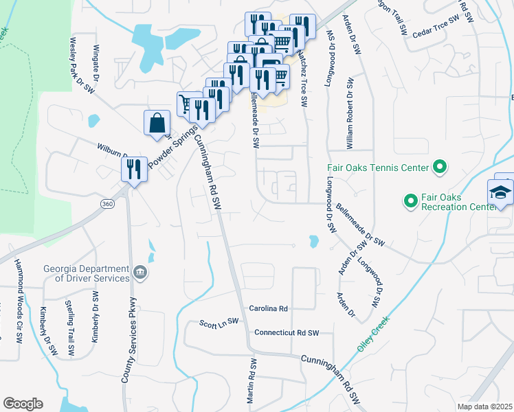 map of restaurants, bars, coffee shops, grocery stores, and more near 1426 Bellemeade Court Southwest in Marietta