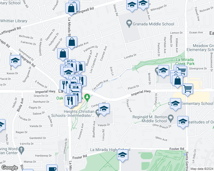 map of restaurants, bars, coffee shops, grocery stores, and more near 15200 Las Flores Avenue in La Mirada
