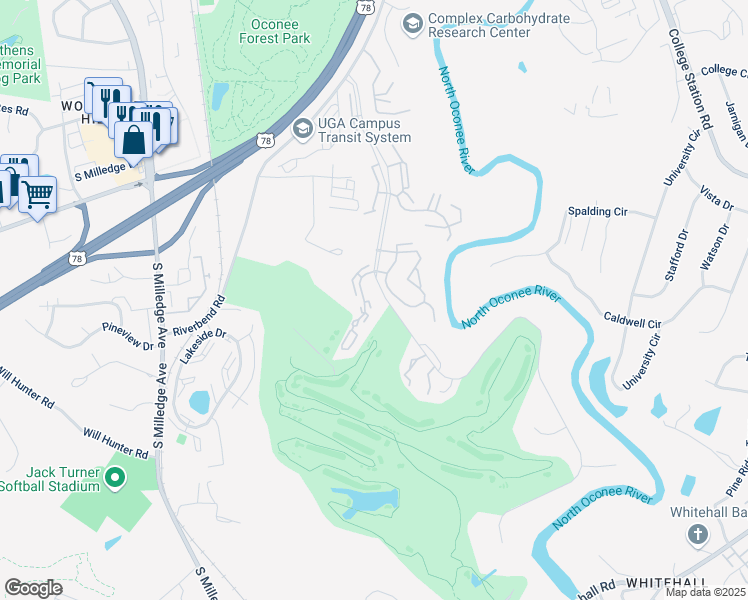 map of restaurants, bars, coffee shops, grocery stores, and more near 159 Woodstone Drive in Athens