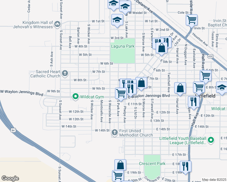 map of restaurants, bars, coffee shops, grocery stores, and more near 905 South Park Avenue in Littlefield