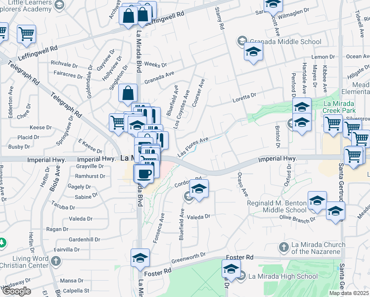 map of restaurants, bars, coffee shops, grocery stores, and more near 15137 Las Flores Avenue in La Mirada