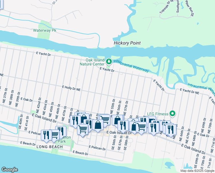map of restaurants, bars, coffee shops, grocery stores, and more near 313 Northeast 54th Street in Oak Island