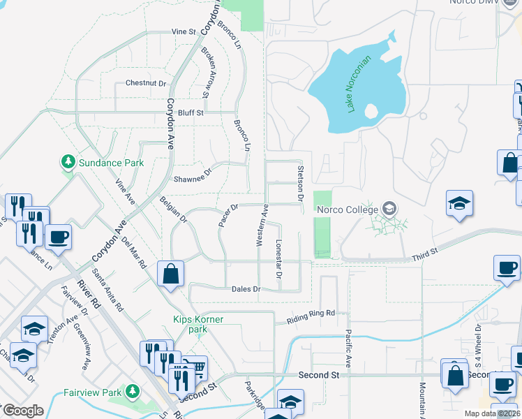 map of restaurants, bars, coffee shops, grocery stores, and more near 3178 Pacer Drive in Norco