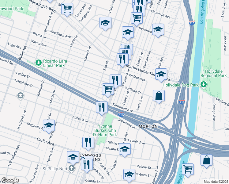 map of restaurants, bars, coffee shops, grocery stores, and more near 11628 Atlantic Avenue in Lynwood