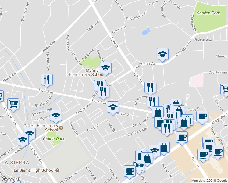 map of restaurants, bars, coffee shops, grocery stores, and more near 4304 Baggett Drive in Riverside