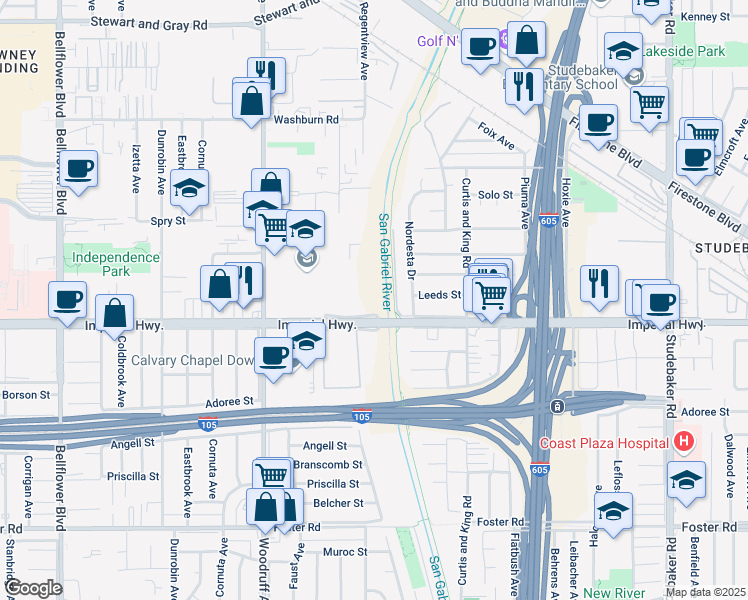 map of restaurants, bars, coffee shops, grocery stores, and more near 10045 Imperial Highway in Downey