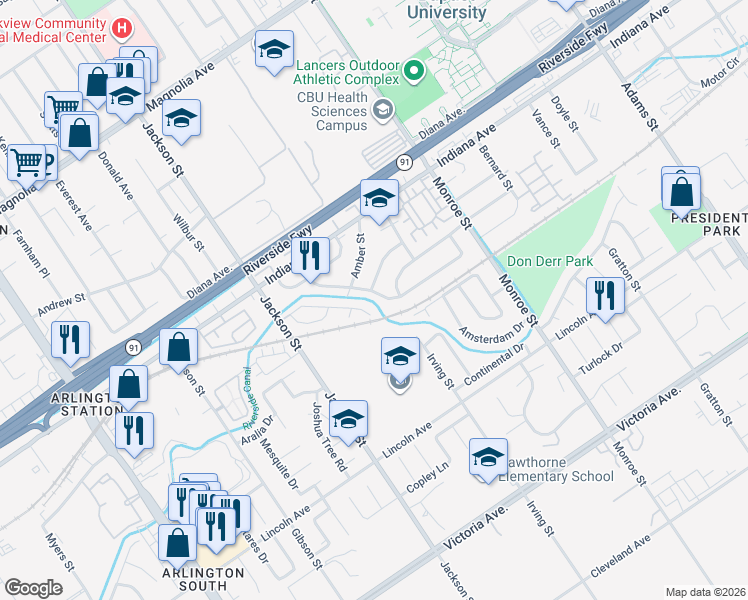 map of restaurants, bars, coffee shops, grocery stores, and more near 8916 Haskell Street in Riverside