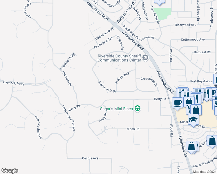 map of restaurants, bars, coffee shops, grocery stores, and more near 7158 Golden Vale Drive in Riverside