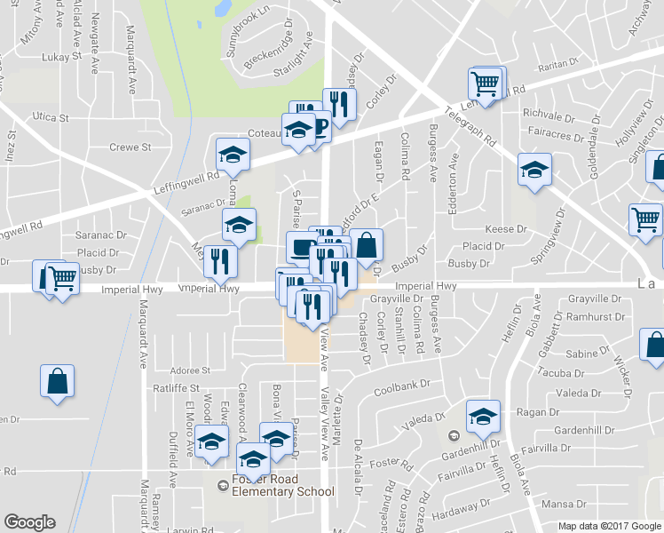 map of restaurants, bars, coffee shops, grocery stores, and more near 12308 Valley View Avenue in Whittier