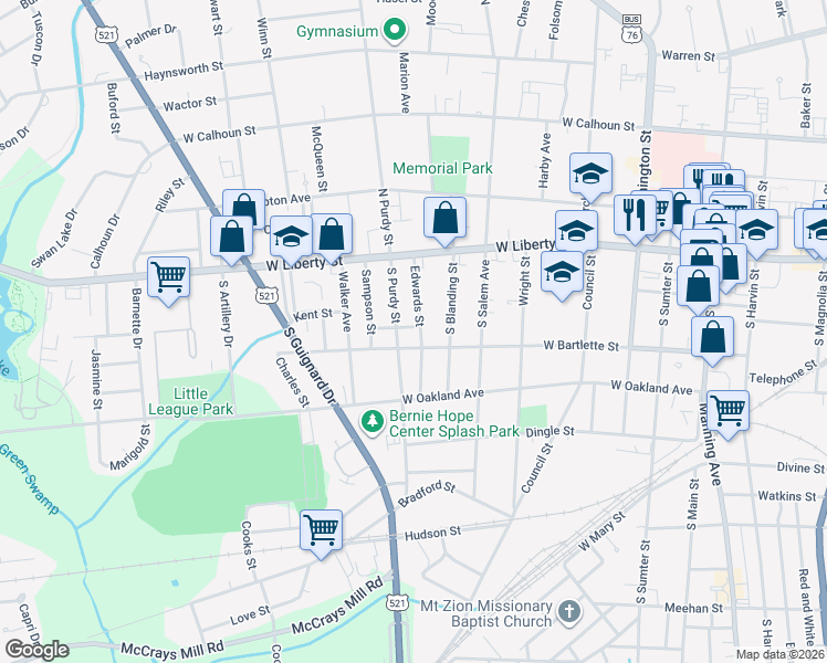 map of restaurants, bars, coffee shops, grocery stores, and more near 36 Edwards Street in Sumter