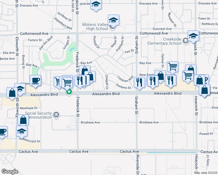 map of restaurants, bars, coffee shops, grocery stores, and more near 13964 Chagall Court in Moreno Valley