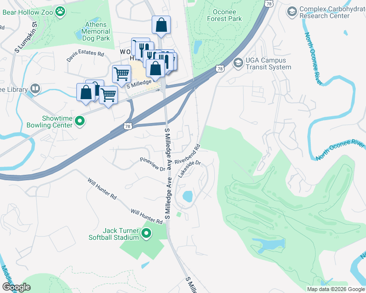 map of restaurants, bars, coffee shops, grocery stores, and more near 2165 South Milledge Avenue in Athens