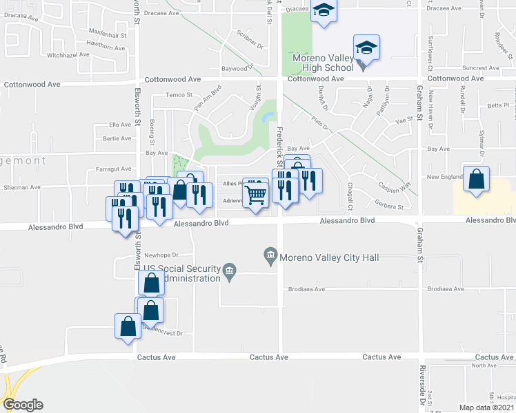 map of restaurants, bars, coffee shops, grocery stores, and more near 22933 Adrienne Avenue in Moreno Valley