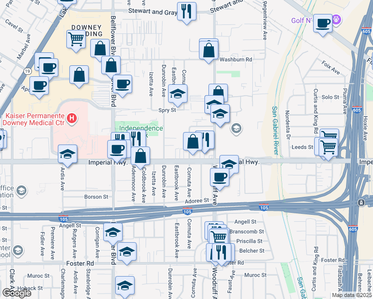 map of restaurants, bars, coffee shops, grocery stores, and more near 12429 Benedict Avenue in Downey
