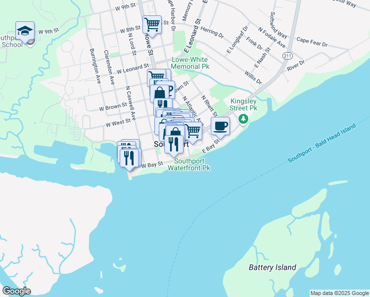 map of restaurants, bars, coffee shops, grocery stores, and more near 108 South Davis Street in Southport