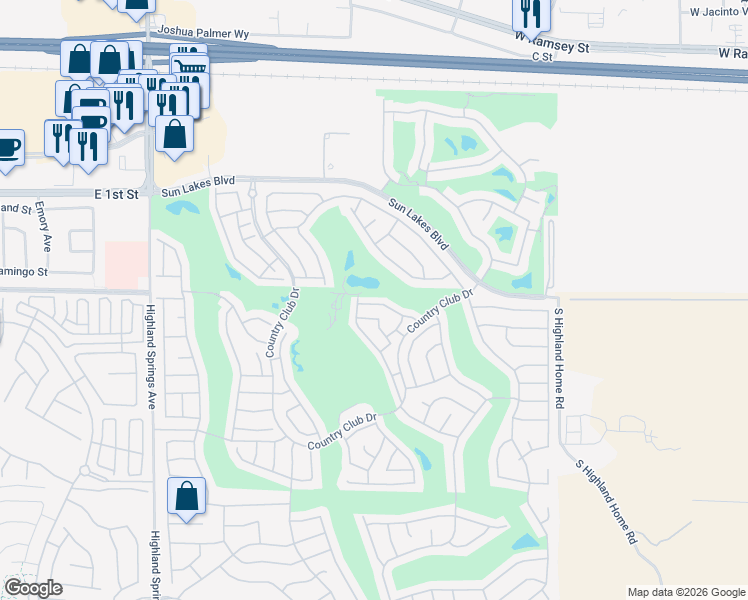 map of restaurants, bars, coffee shops, grocery stores, and more near 5503 West Palmer Drive in Banning