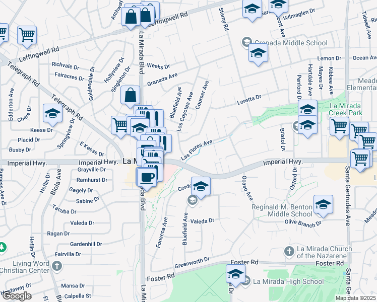 map of restaurants, bars, coffee shops, grocery stores, and more near 15137 Las Flores Avenue in La Mirada