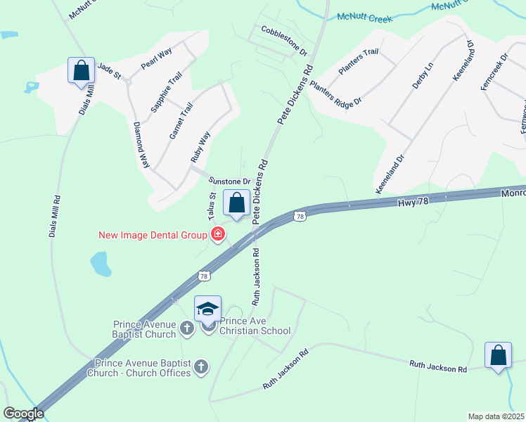 map of restaurants, bars, coffee shops, grocery stores, and more near 1010 Pete Dickens Road in Bogart